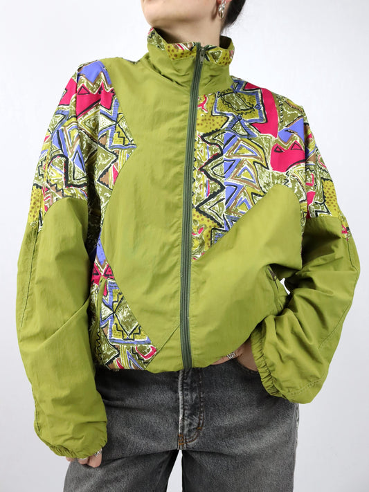 Vintage 80er 90er HIBERNIA Trainingsjacke Jacke Stehkragen crazy pattern grün bunt 50/52 L