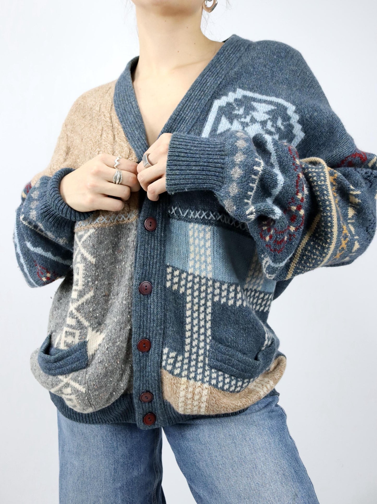 Vintage 80er 90er BLASTER Wollcardigan Cardigan Wolle Angora gemustert 50 L