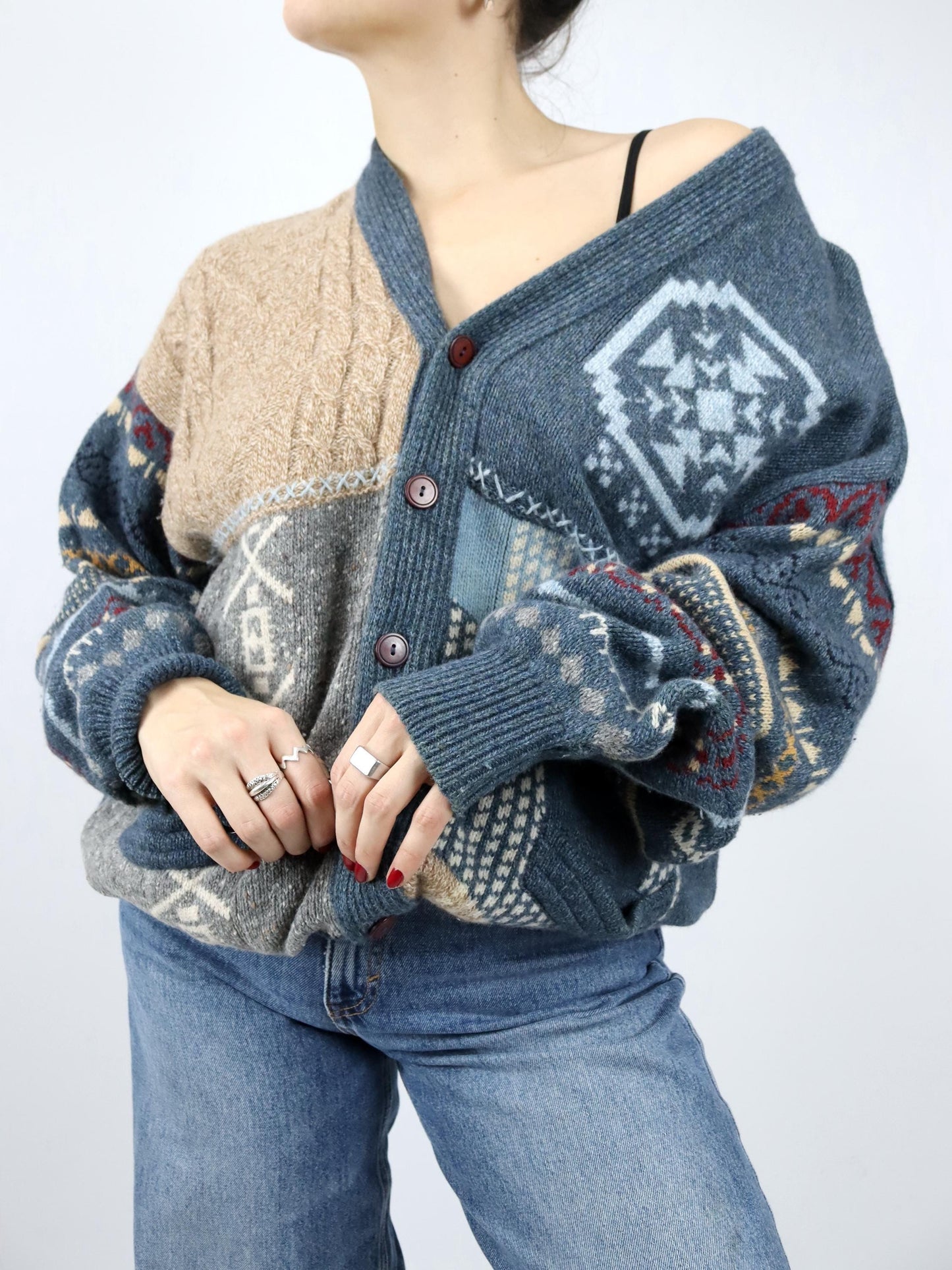 Vintage 80er 90er BLASTER Wollcardigan Cardigan Wolle Angora gemustert 50 L