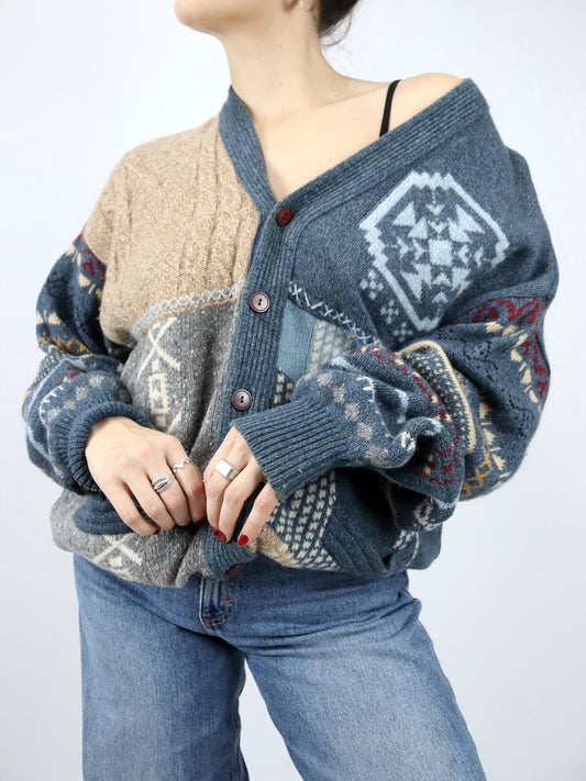 Vintage 80er 90er BLASTER Wollcardigan Cardigan Wolle Angora gemustert 50 L