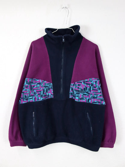 Vintage 80er 90er BRUGI Fleecepullover Stehkragen crazy pattern Lila blau L
