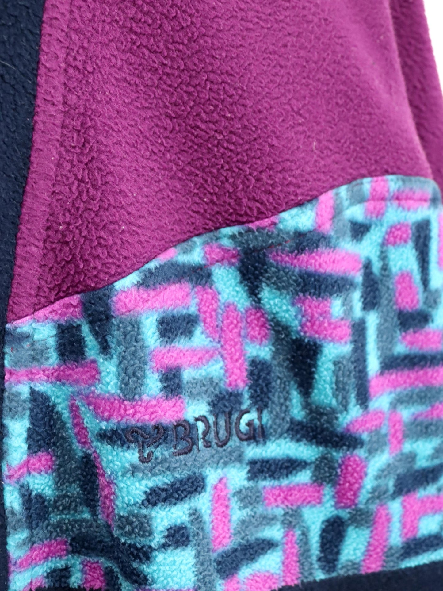Vintage 80er 90er BRUGI Fleecepullover Stehkragen crazy pattern Lila blau L