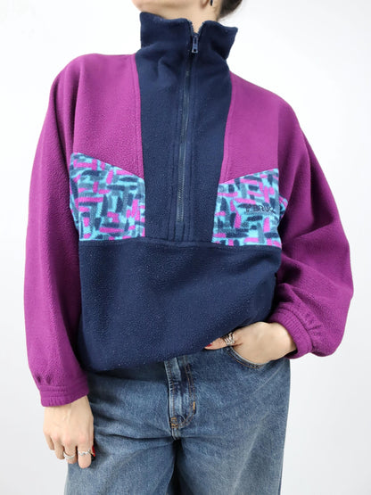 Vintage 80er 90er BRUGI Fleecepullover Stehkragen crazy pattern Lila blau L