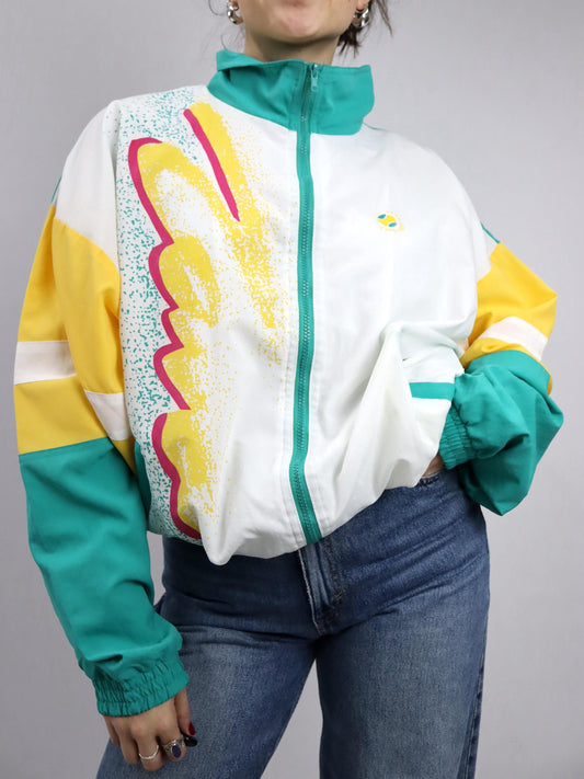 Vintage 80er 90er CITY CLUB Trainingsjacke Jacke Stehkragen crazy pattern grün weiß gelb L