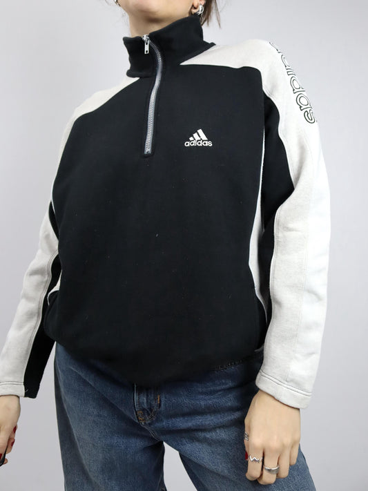 Vintage 80er 90er ADIDAS Sweatshirt Pullover Stehkragen schwarz grau weiß D4 M
