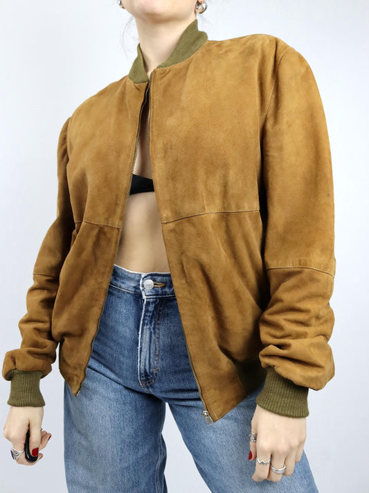 Vintage 80er 90er VERA PELLE Wildlederjacke Jacke braun Leder Bomberjacke 50 L