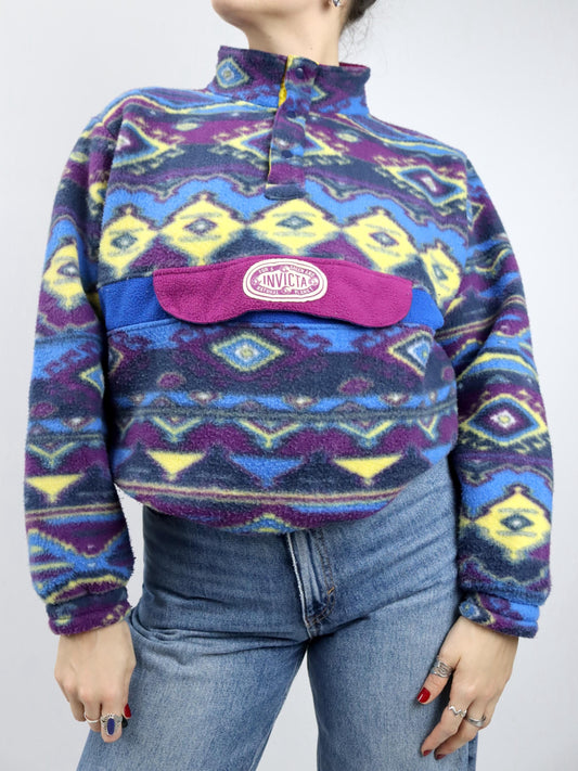 Vintage 80er 90er INVICTA Fleecepullover Pullover Stehkragen crazy pattern M
