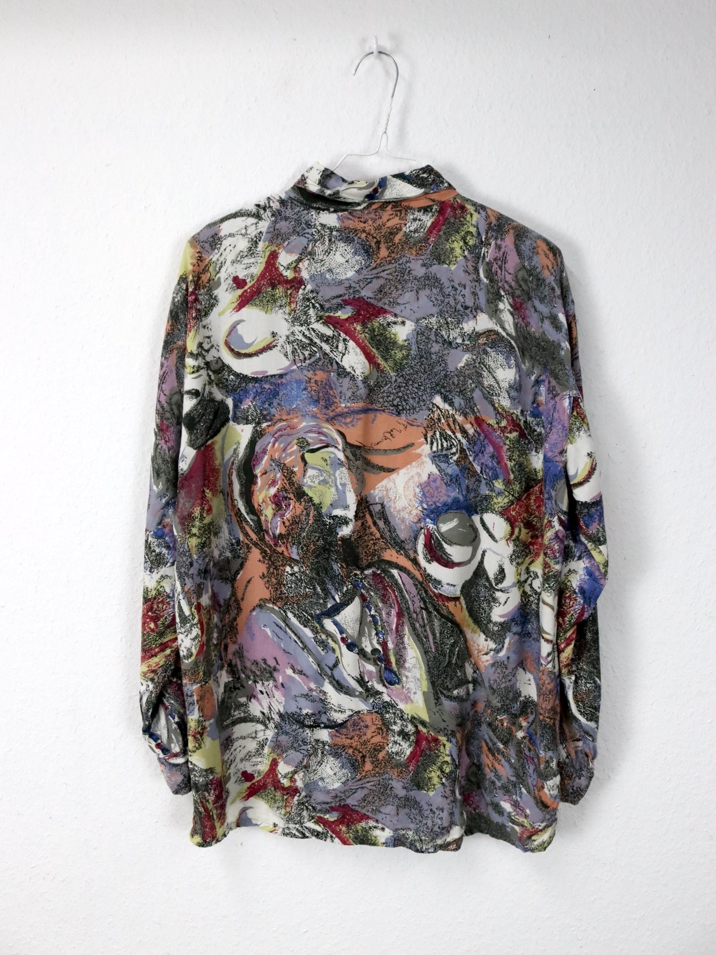 Vintage 80er 90er SPIDER Bluse Langarm Crazy Pattern grau schwarz orange blau lila rot gelb Schulterpolster L