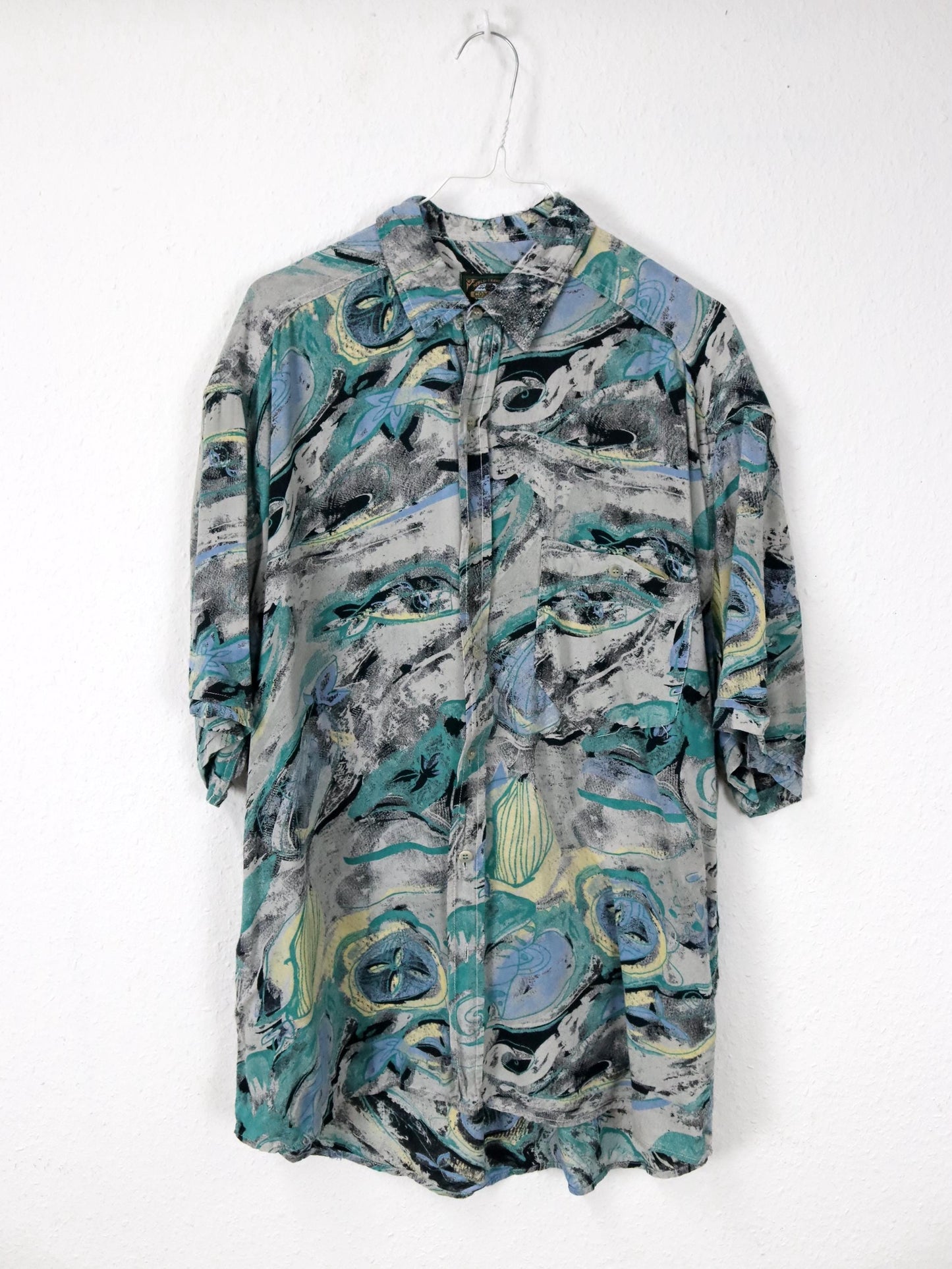 Vintage 80er 90er COMPANY Hemd Kurzarm Crazy Pattern grau schwarz blau grün gelb L