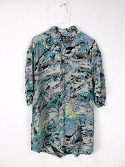 Vintage 80er 90er COMPANY Hemd Kurzarm Crazy Pattern grau schwarz blau grün gelb L
