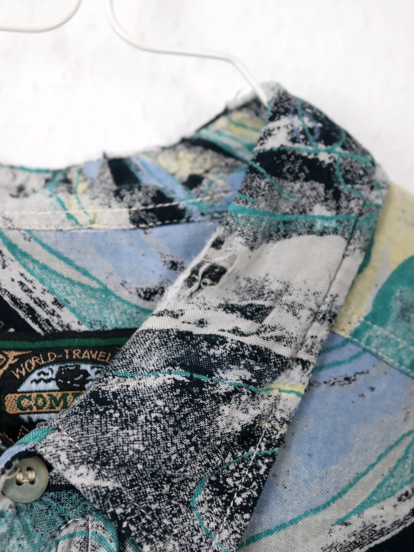 Vintage 80er 90er COMPANY Hemd Kurzarm Crazy Pattern grau schwarz blau grün gelb L