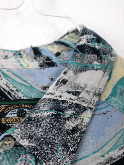 Vintage 80er 90er COMPANY Hemd Kurzarm Crazy Pattern grau schwarz blau grün gelb L