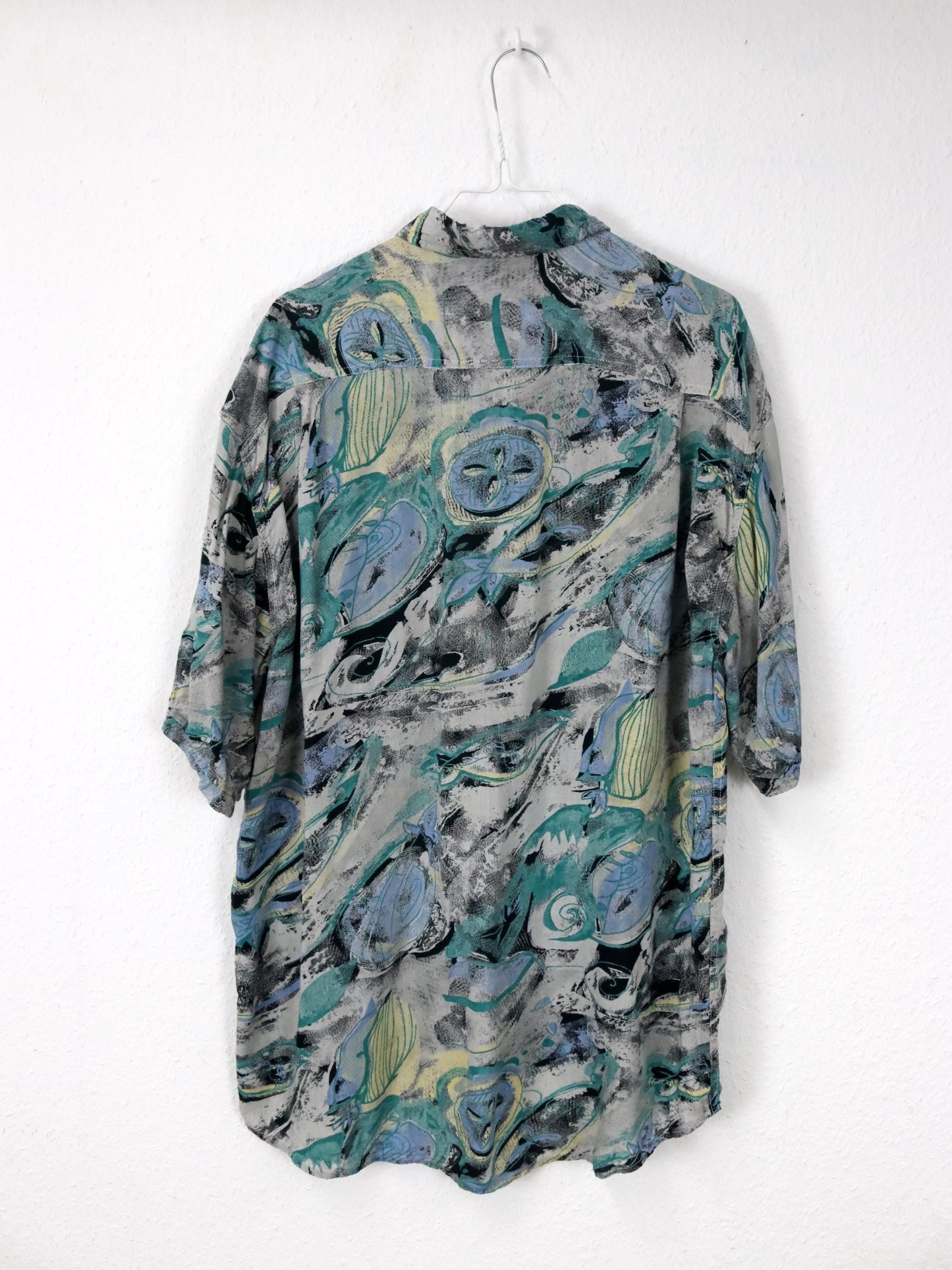 Vintage 80er 90er COMPANY Hemd Kurzarm Crazy Pattern grau schwarz blau grün gelb L