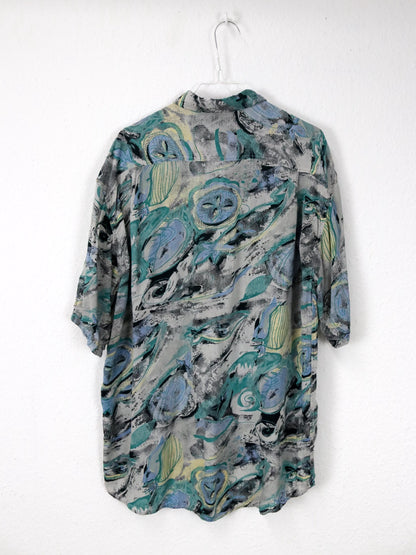 Vintage 80er 90er COMPANY Hemd Kurzarm Crazy Pattern grau schwarz blau grün gelb L