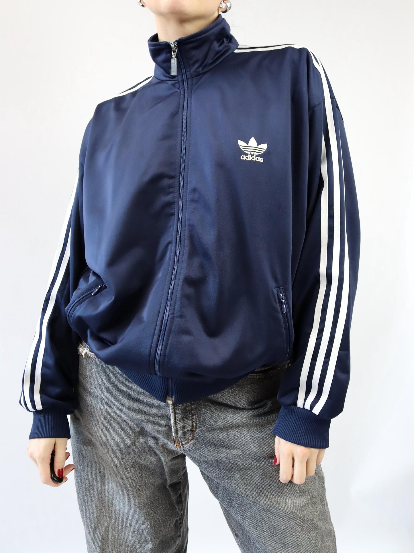 Vintage 90er 00er ADIDAS Trainingsjacke Firebird Stehkragen dunkelblau D6 M