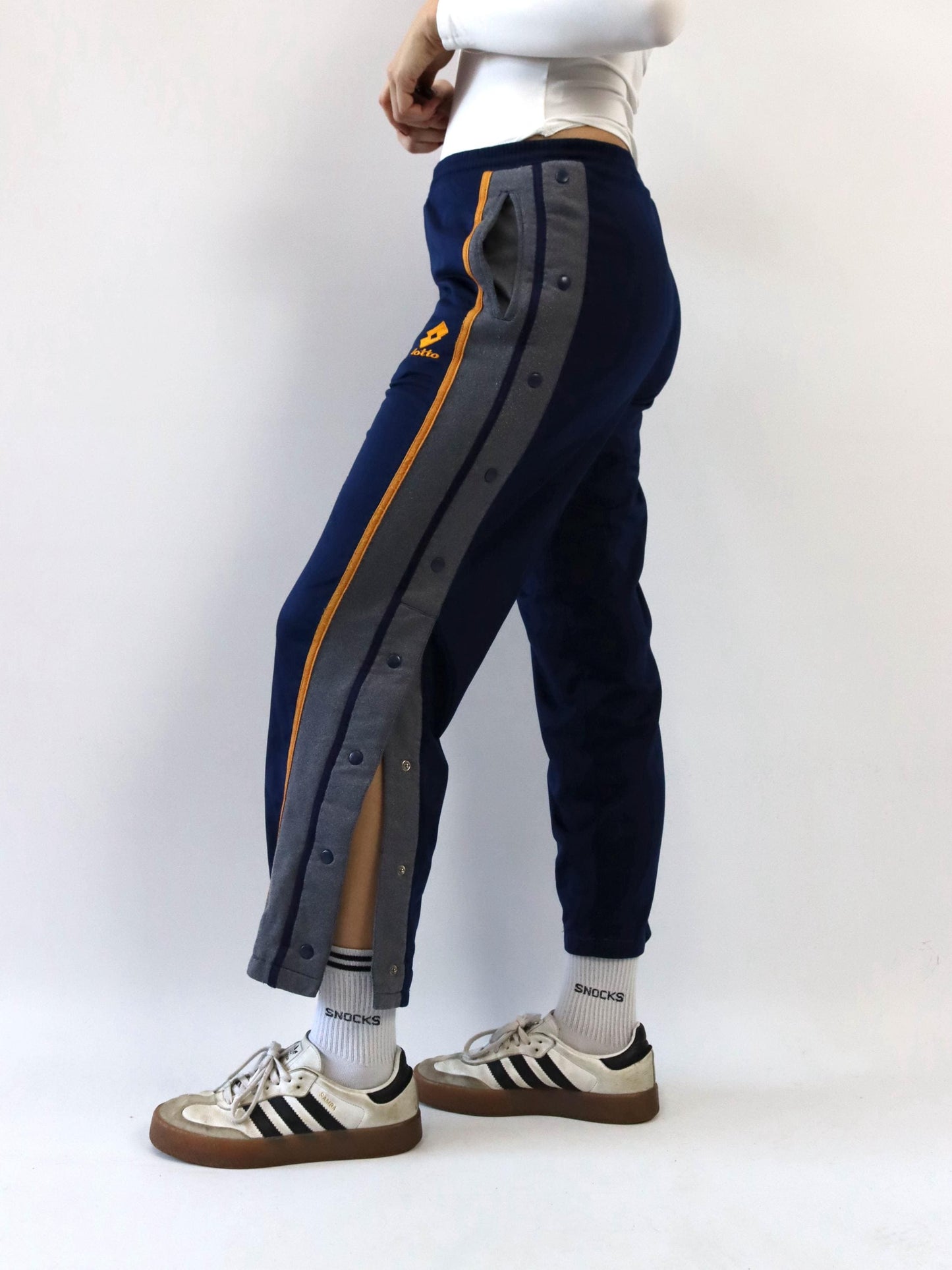Vintage 80s 90s LOTTO Tracksuit Bottoms Dark Blue Yellow Grey 48 S/M