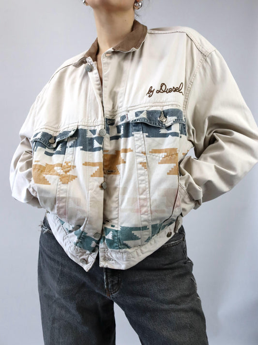 Vintage 80er 90er DIESEL Jeansjacke beige braun blau grün gelb L