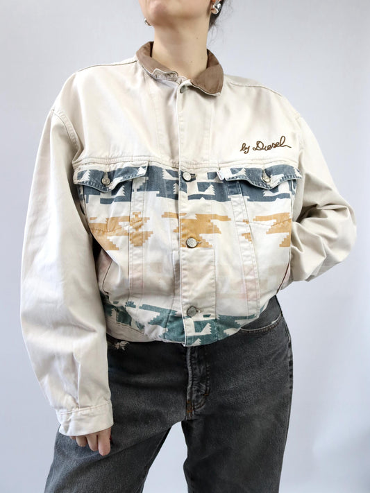 Vintage 80er 90er DIESEL Jeansjacke beige braun blau grün gelb L