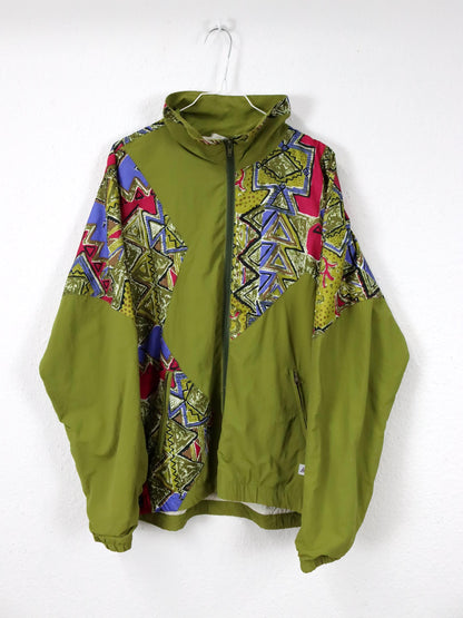 Vintage 80er 90er HIBERNIA Trainingsjacke Jacke Stehkragen crazy pattern grün bunt 50/52 L