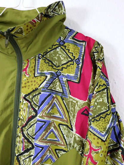 Vintage 80er 90er HIBERNIA Trainingsjacke Jacke Stehkragen crazy pattern grün bunt 50/52 L