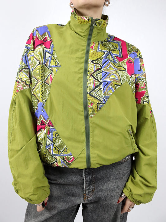 Vintage 80er 90er HIBERNIA Trainingsjacke Jacke Stehkragen crazy pattern grün bunt 50/52 L