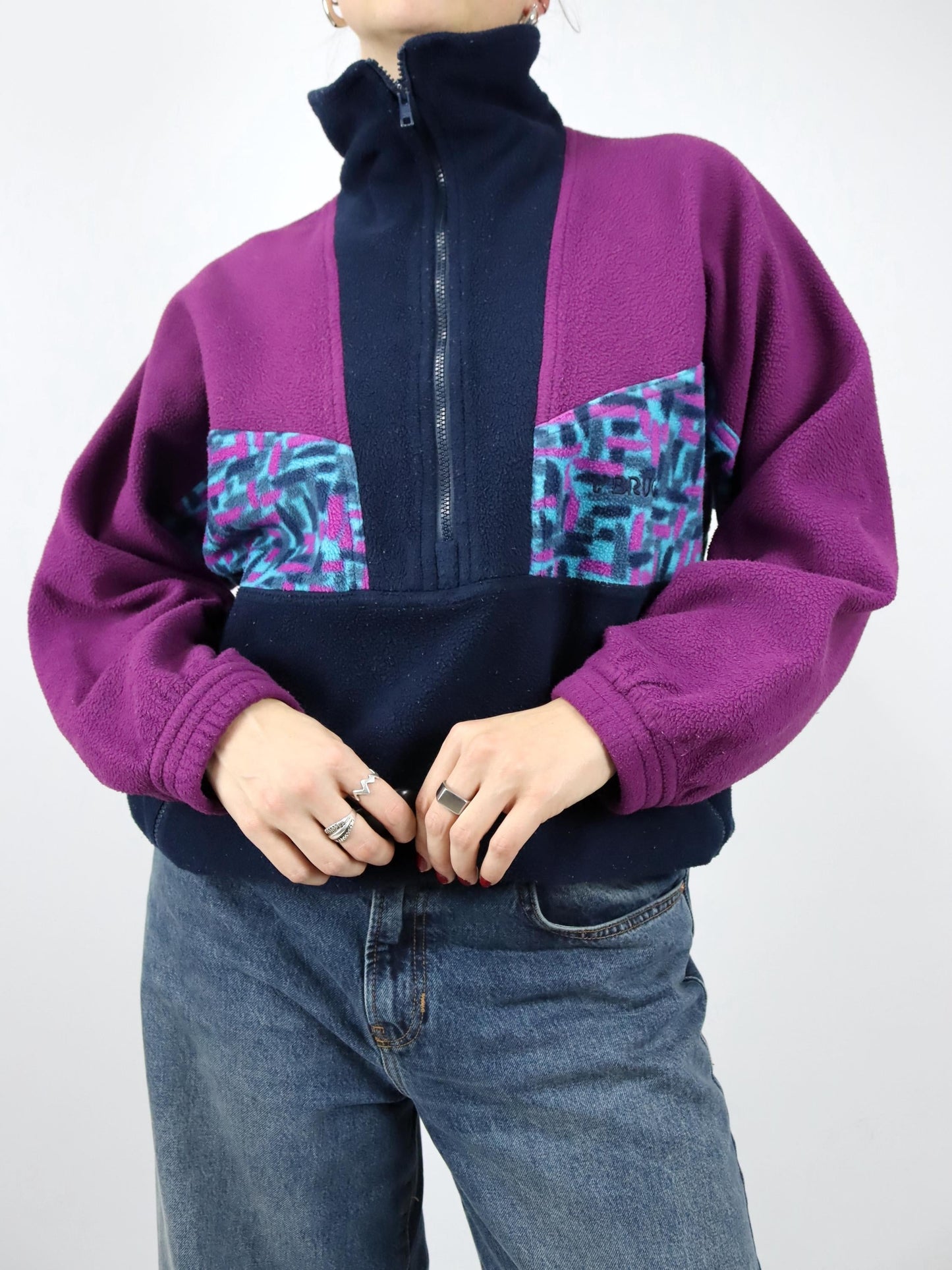 Vintage 80er 90er BRUGI Fleecepullover Stehkragen crazy pattern Lila blau L