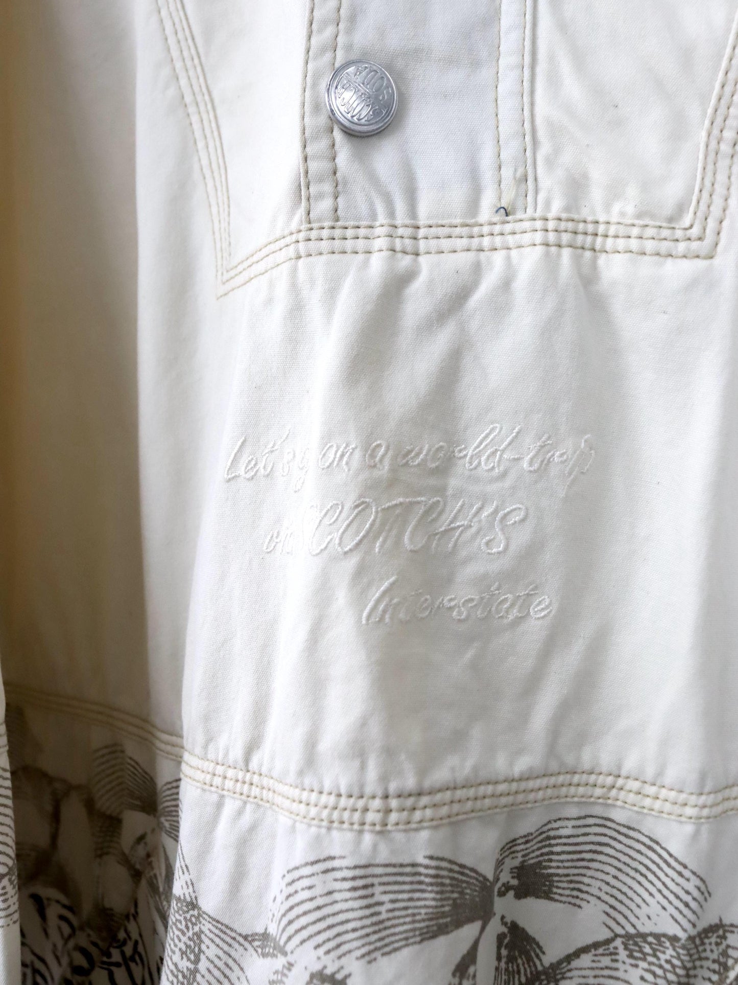 Vintage 80er 90er SCOTCH & SODA Jeansjacke Überziehjacke crazy pattern beige grau XL