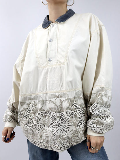 Vintage 80er 90er SCOTCH & SODA Jeansjacke Überziehjacke crazy pattern beige grau XL