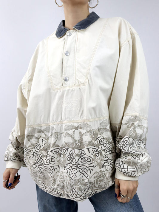 Vintage 80er 90er SCOTCH & SODA Jeansjacke Überziehjacke crazy pattern beige grau XL