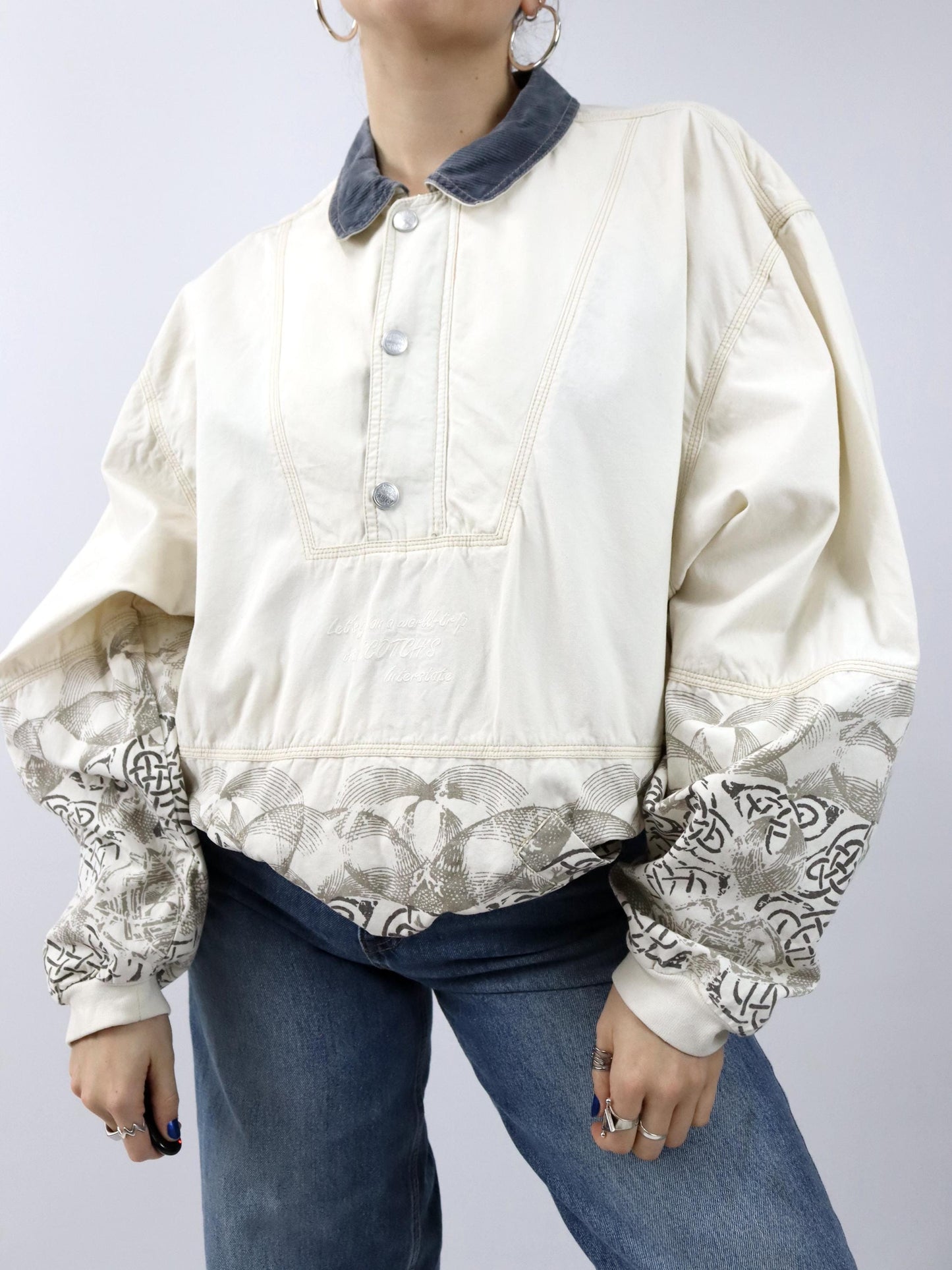 Vintage 80er 90er SCOTCH & SODA Jeansjacke Überziehjacke crazy pattern beige grau XL