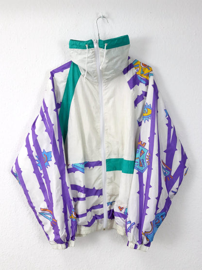 Vintage 80er 90er AK SPORT Trainingsjacke Jacke Stehkragen glänzend crazy pattern weiß bunt L