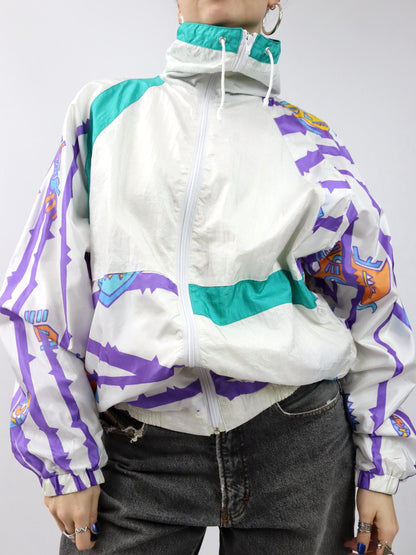 Vintage 80er 90er AK SPORT Trainingsjacke Jacke Stehkragen glänzend crazy pattern weiß bunt L