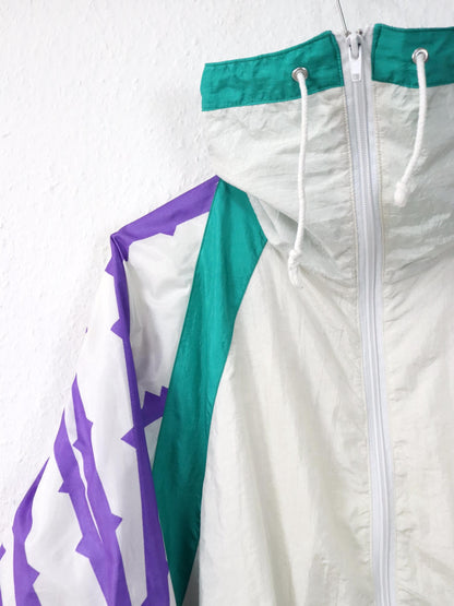 Vintage 80er 90er AK SPORT Trainingsjacke Jacke Stehkragen glänzend crazy pattern weiß bunt L