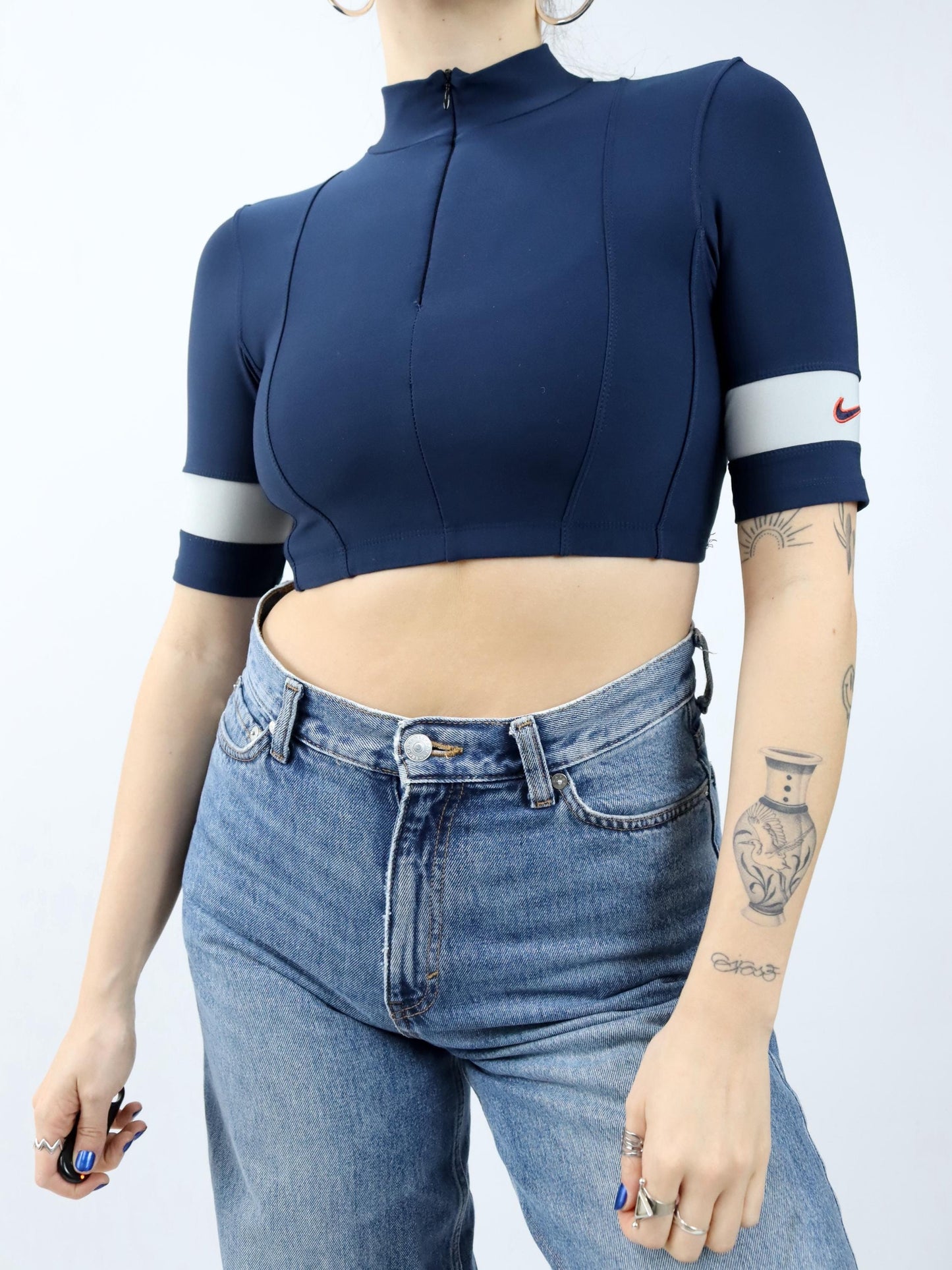 Vintage 80er 90er NIKE Crop Top kurzarm Sport Top dunkelblau M