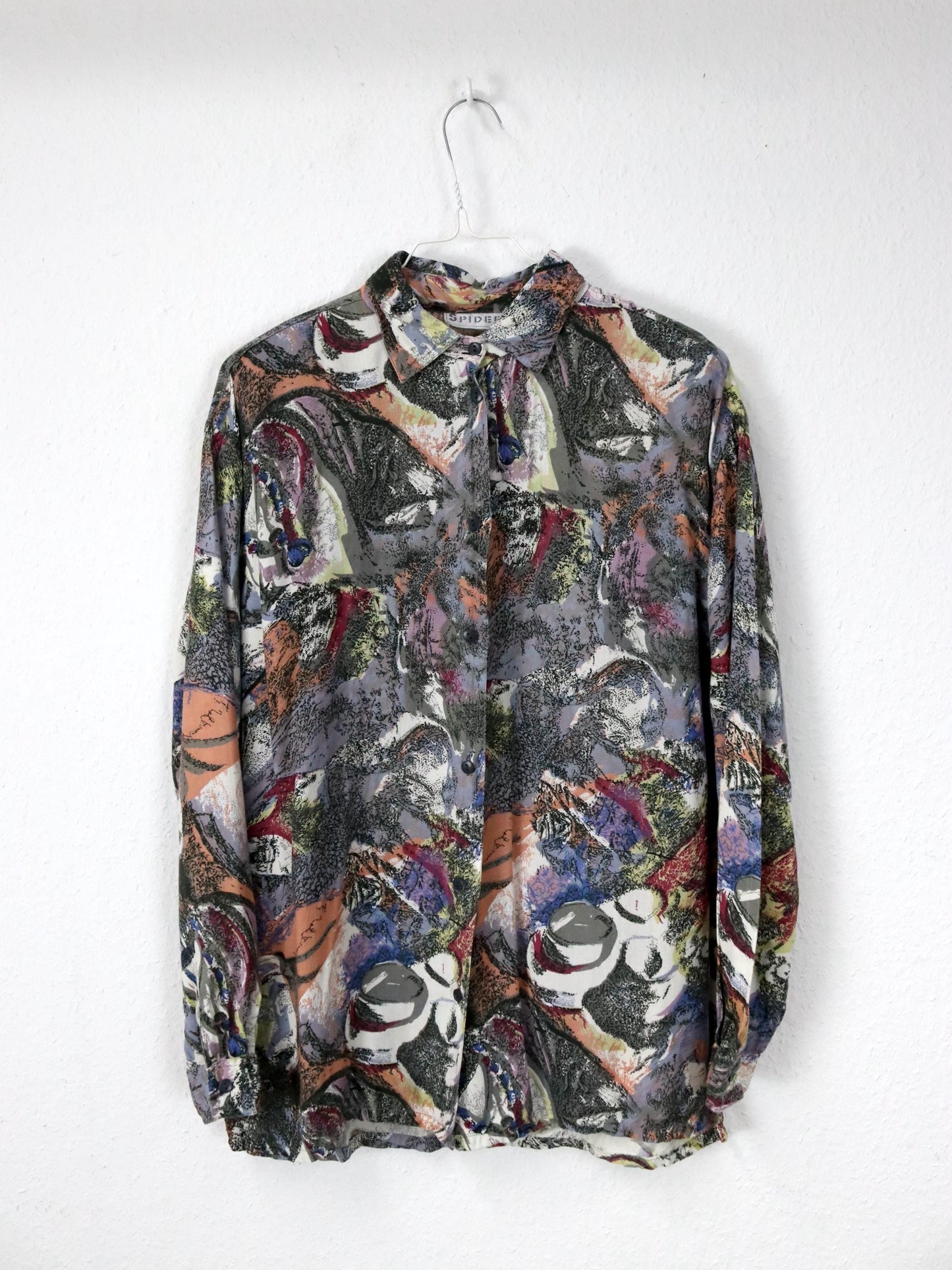 Vintage 80er 90er SPIDER Bluse Langarm Crazy Pattern grau schwarz orange blau lila rot gelb Schulterpolster L