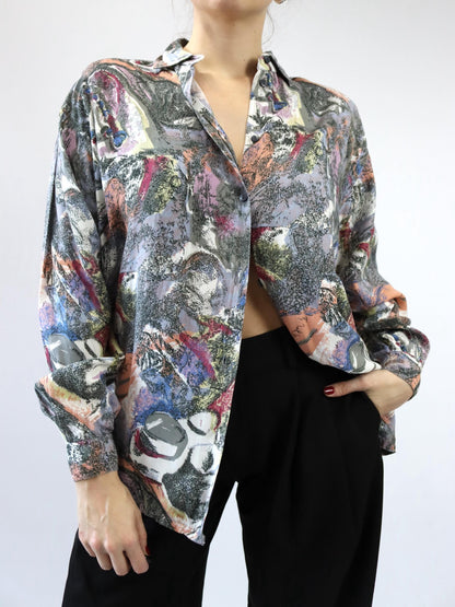 Vintage 80er 90er SPIDER Bluse Langarm Crazy Pattern grau schwarz orange blau lila rot gelb Schulterpolster L