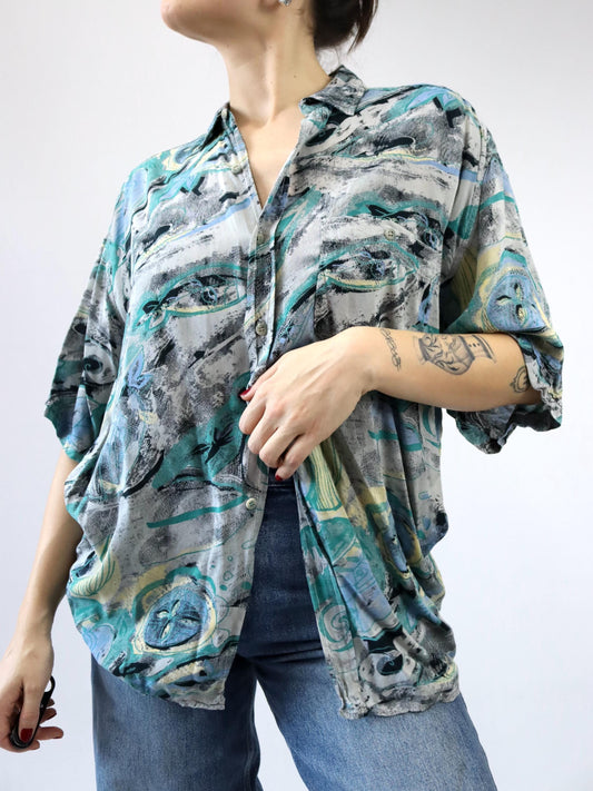 Vintage 80er 90er COMPANY Hemd Kurzarm Crazy Pattern grau schwarz blau grün gelb L