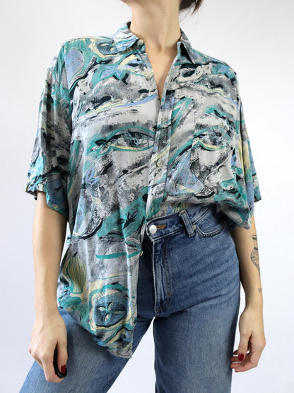 Vintage 80er 90er COMPANY Hemd Kurzarm Crazy Pattern grau schwarz blau grün gelb L