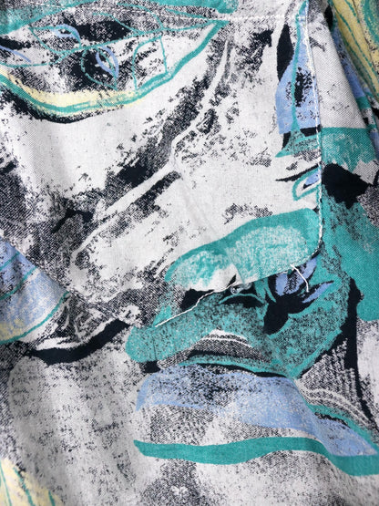 Vintage 80er 90er COMPANY Hemd Kurzarm Crazy Pattern grau schwarz blau grün gelb L