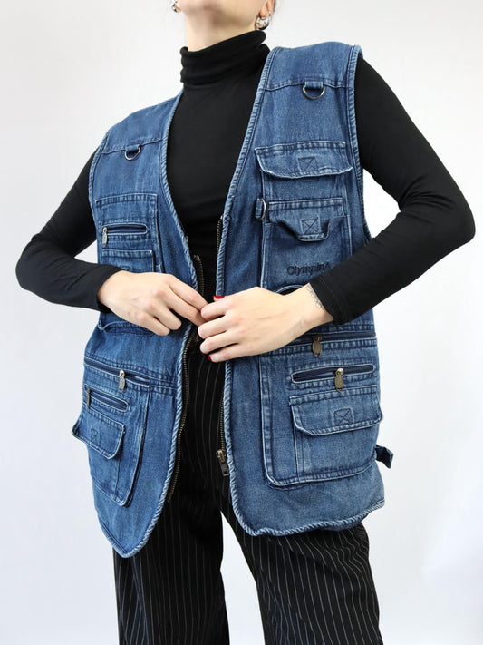 Vintage 90er 00er OLYMPINA Cargoweste Jeansweste Denim Taschen 5XL