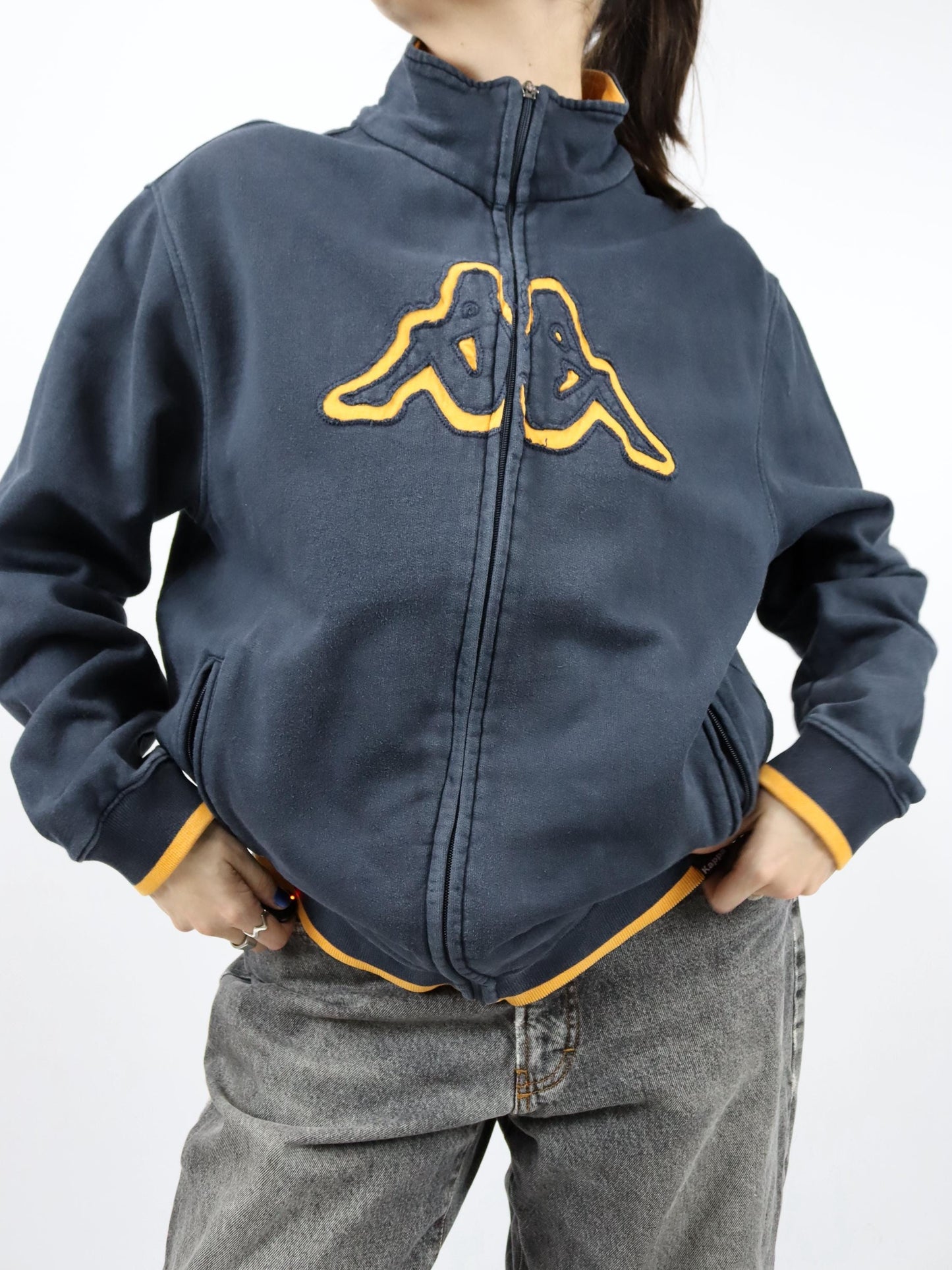 Vintage 80er 90er KAPPA Sweatjacke Jacke Stehkragen gelb schwarz L