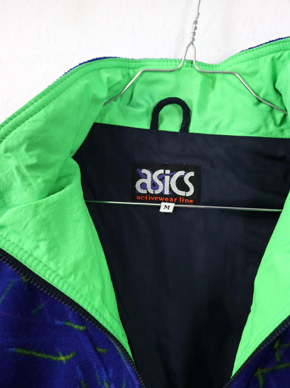 Vintage 80er 90er ASICS Fleecejacke Jacke Stehkragen crazy pattern blau grün M