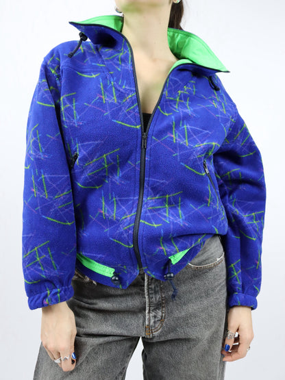 Vintage 80er 90er ASICS Fleecejacke Jacke Stehkragen crazy pattern blau grün M