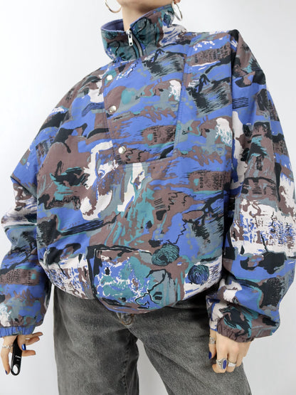 Vintage 80er 90er Jacke Snowboard  Überziehjacke leicht gefüttert crazy pattern blau L
