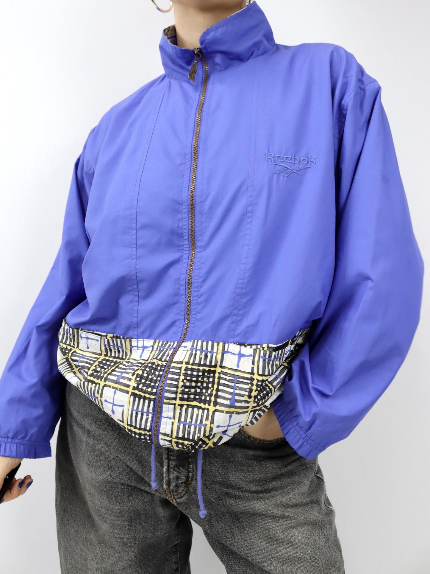 Vintage 80er 90er REEBOK Trainingsjacke Stehkragen kariert blau gelb 38