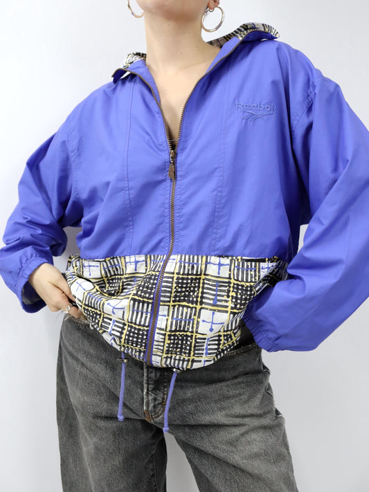 Vintage 80er 90er REEBOK Trainingsjacke Stehkragen kariert blau gelb 38
