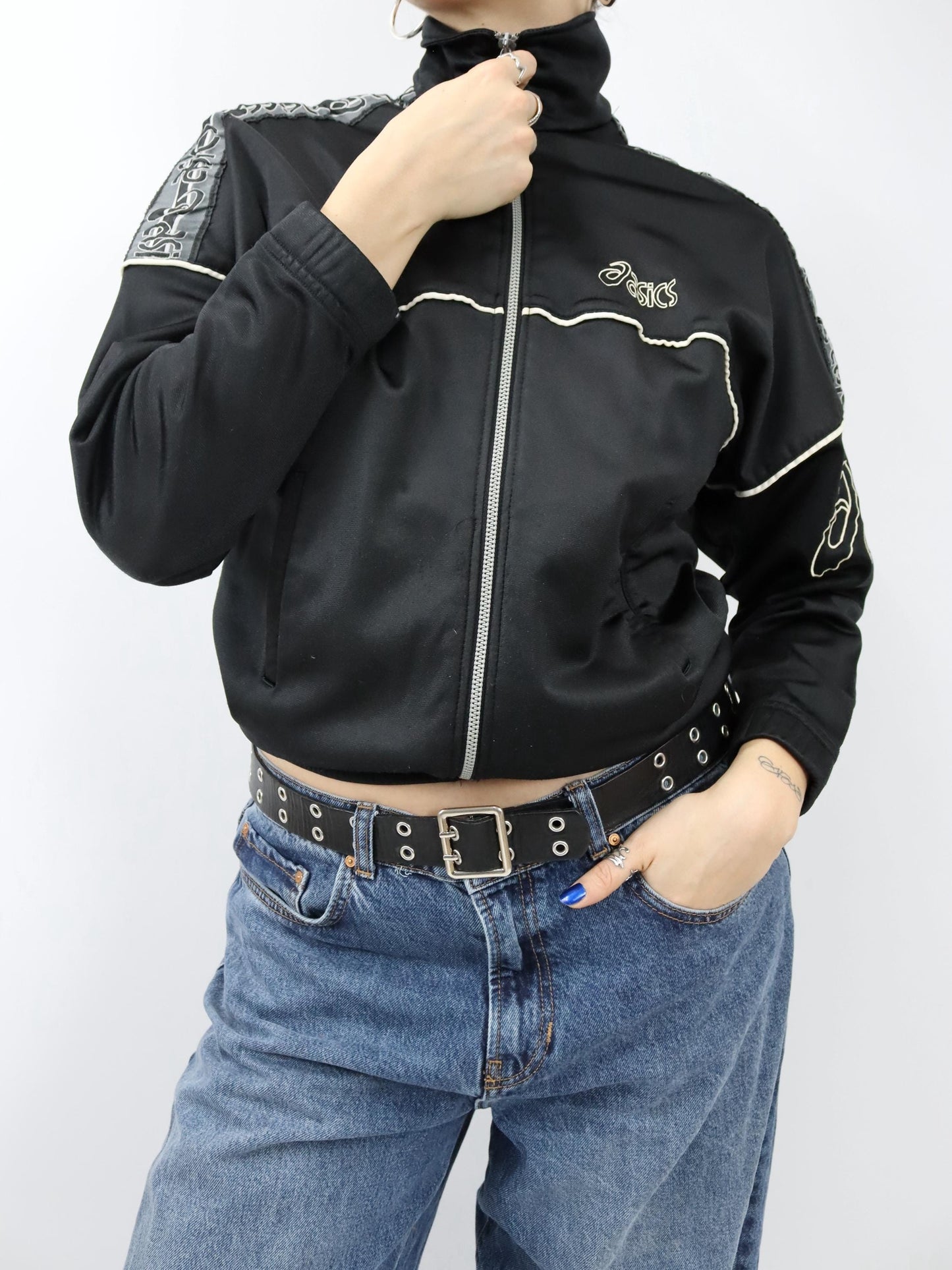 Vintage 80er 90er ASICS Trainingsjacke Stehkragen schwarz weiß S