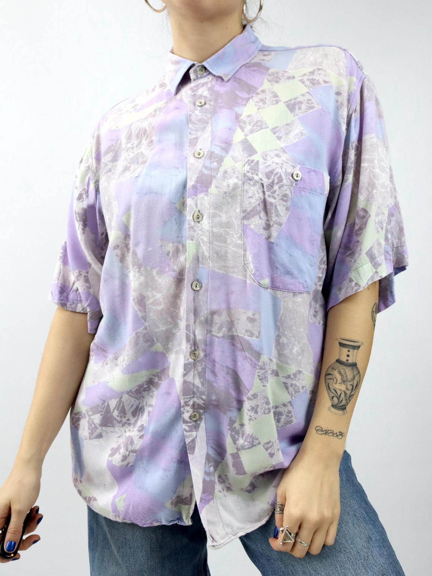 Vintage 80er 90er WALLSTREET Hemd kurzarm crazy pattern flieder Pastell L