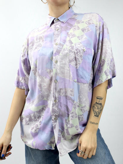 Vintage 80er 90er WALLSTREET Hemd kurzarm crazy pattern flieder Pastell L