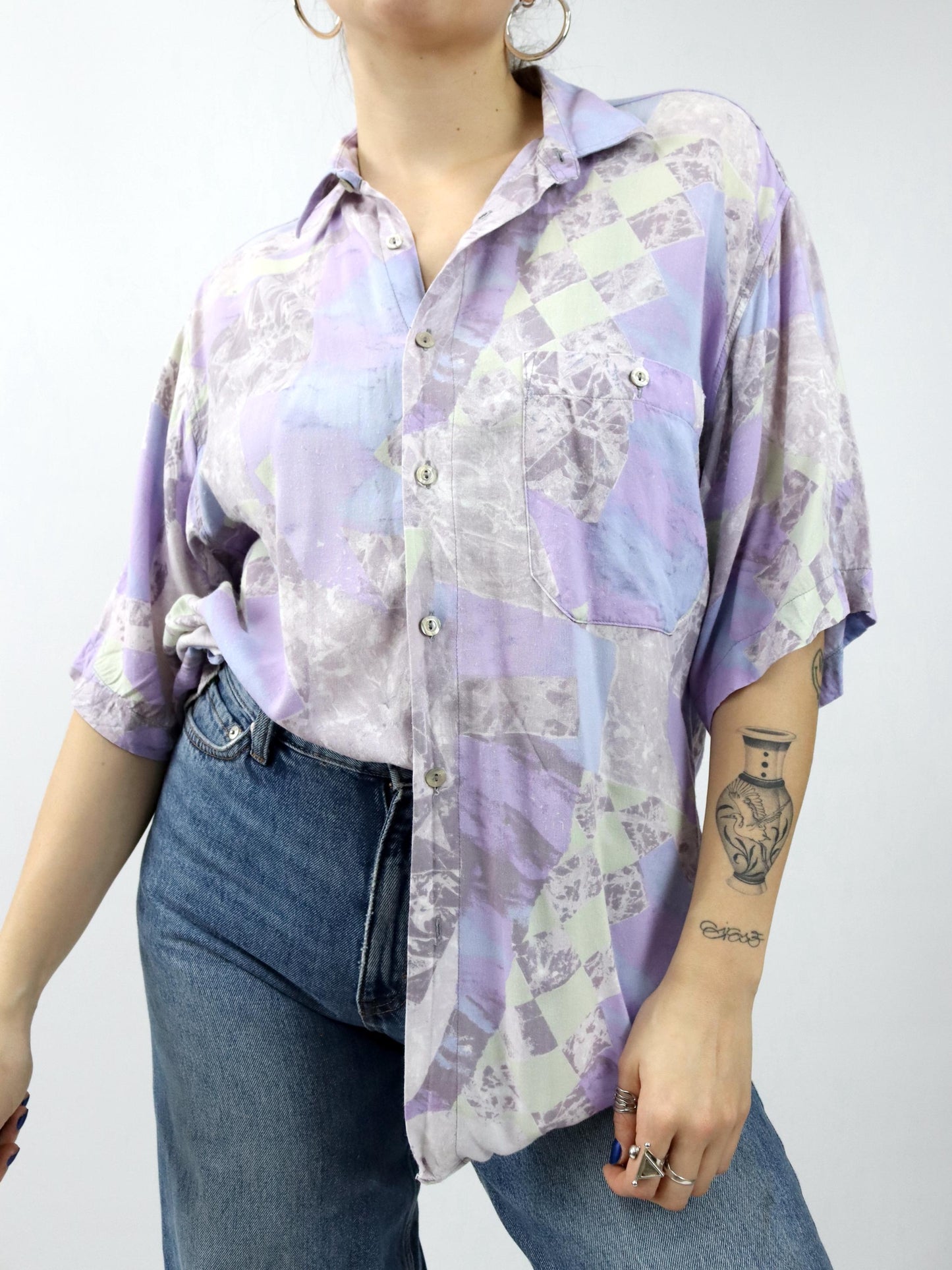 Vintage 80er 90er WALLSTREET Hemd kurzarm crazy pattern flieder Pastell L